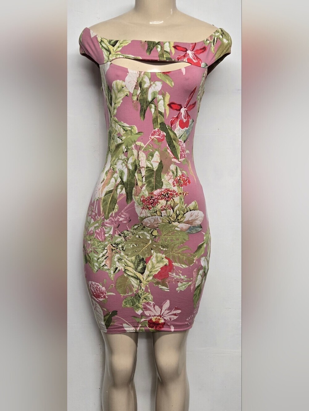 Guess XS Dress Bodycon Fitted Off Shoulder Cut Out Stretch Floral Mini